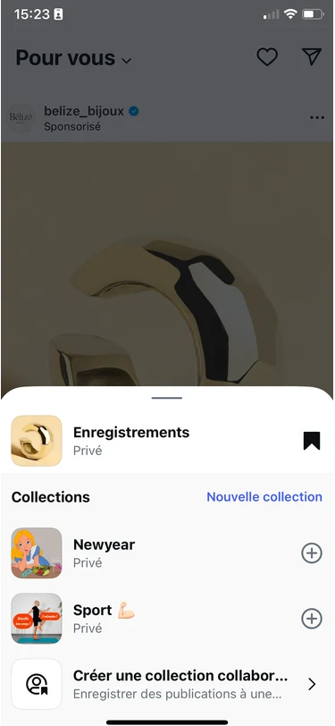 Instagram save sheet to add a post to a collection