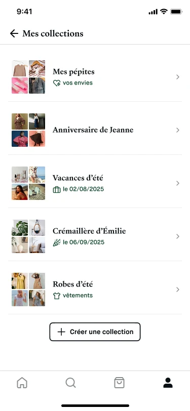 My collections screen listing saved collections such as a birthday or summer holidays