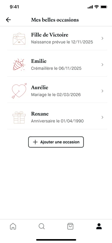 My occasions screen listing upcoming births, housewarmings, weddings and birthdays