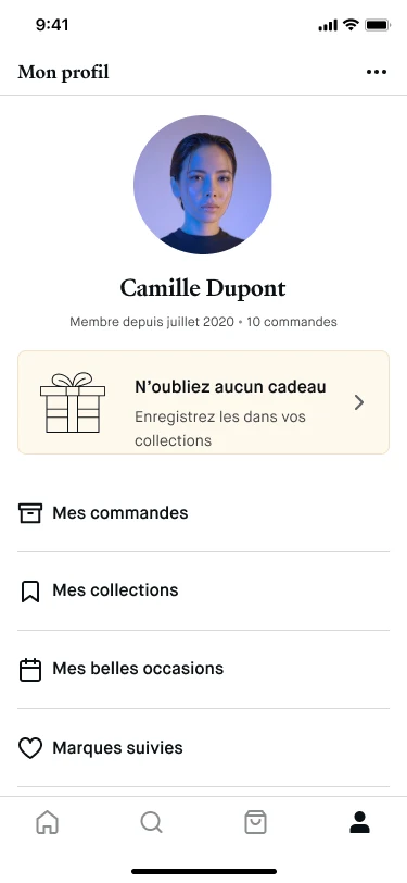 Profile screen with a reminder to save gifts in collections