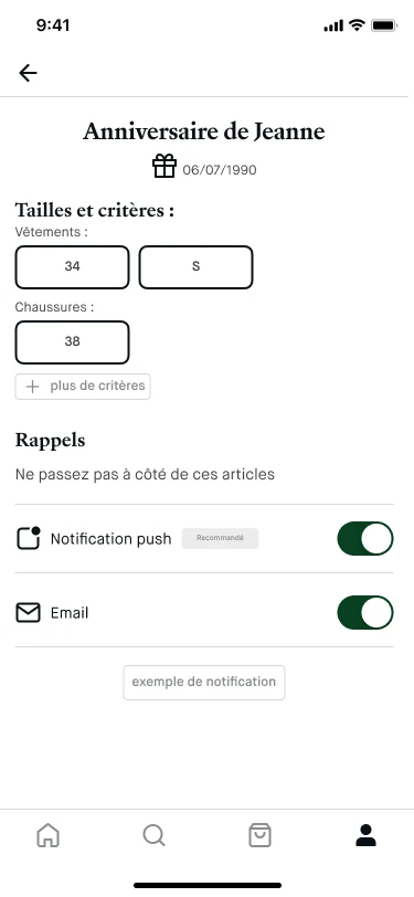 Occasion details with size and criteria fields, and reminder settings for push and email notifications