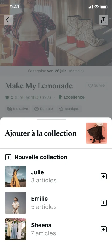 Sale page for a product with an add to collection sheet listing the user's collections