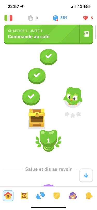 Duolingo lesson path with progress checkpoints
