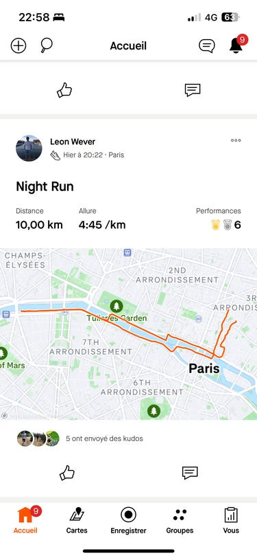 Strava activity feed with kudos and a run map
