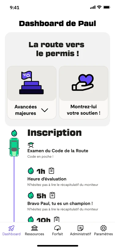 Dashboard de Paul: the path to the licence and Paul's progress by skill