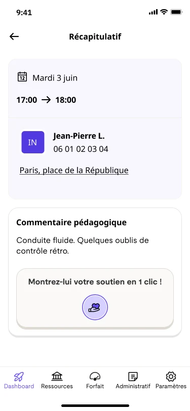 Lesson recap with the instructor's comment and a one-tap button to show support