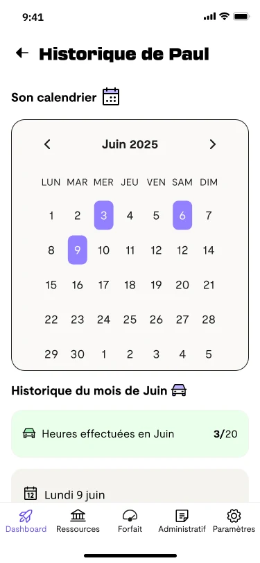 Historique de Paul: the calendar of lessons and the history of past driving hours