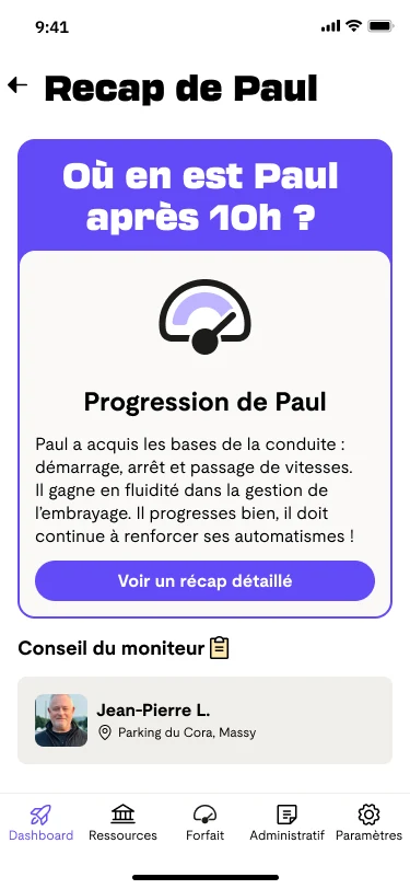 Recap screen showing how far the child has progressed after 10 hours of driving, with the instructor's advice