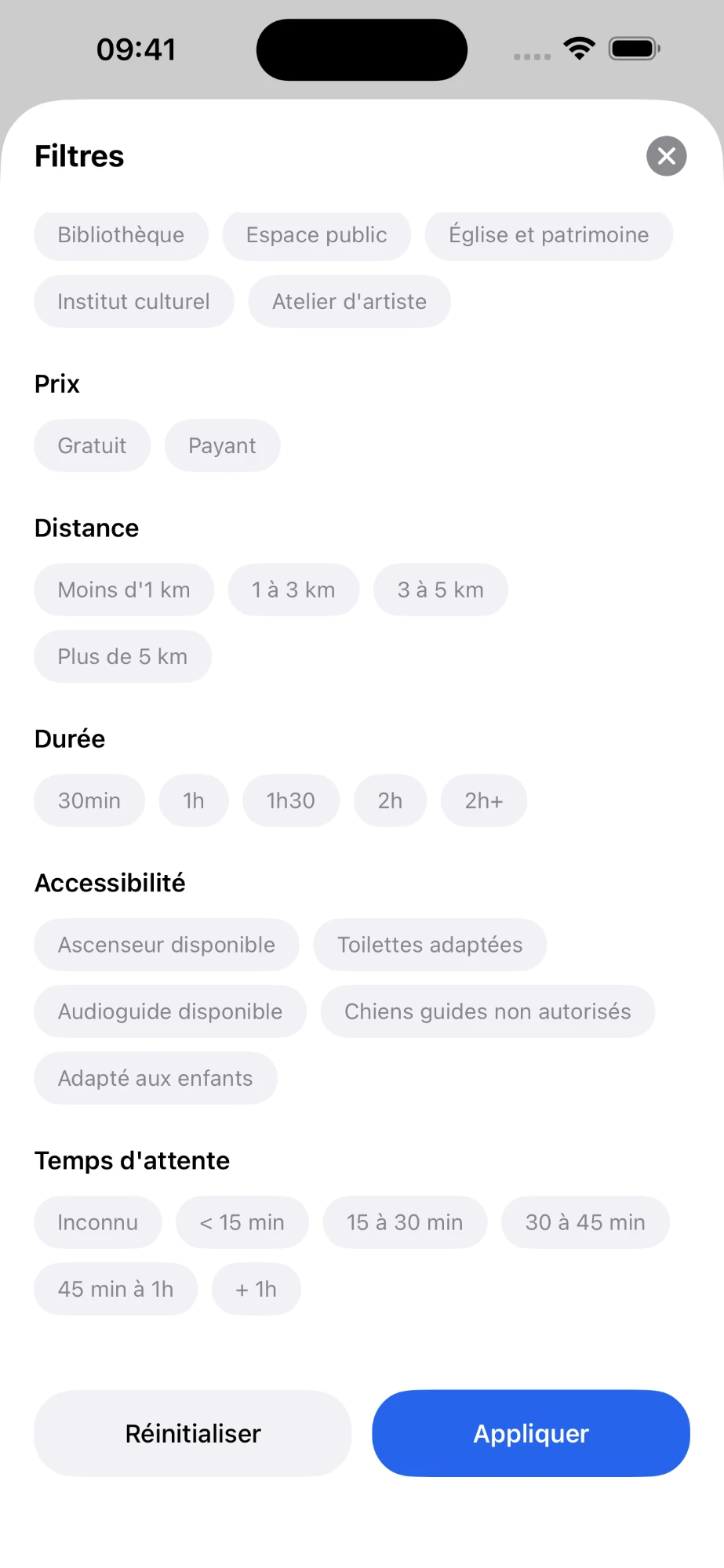 Filters sheet with price, distance, duration, accessibility and waiting time